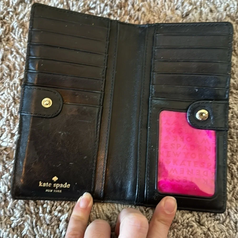 Striped black and white, shiny Kate Spade card wallet